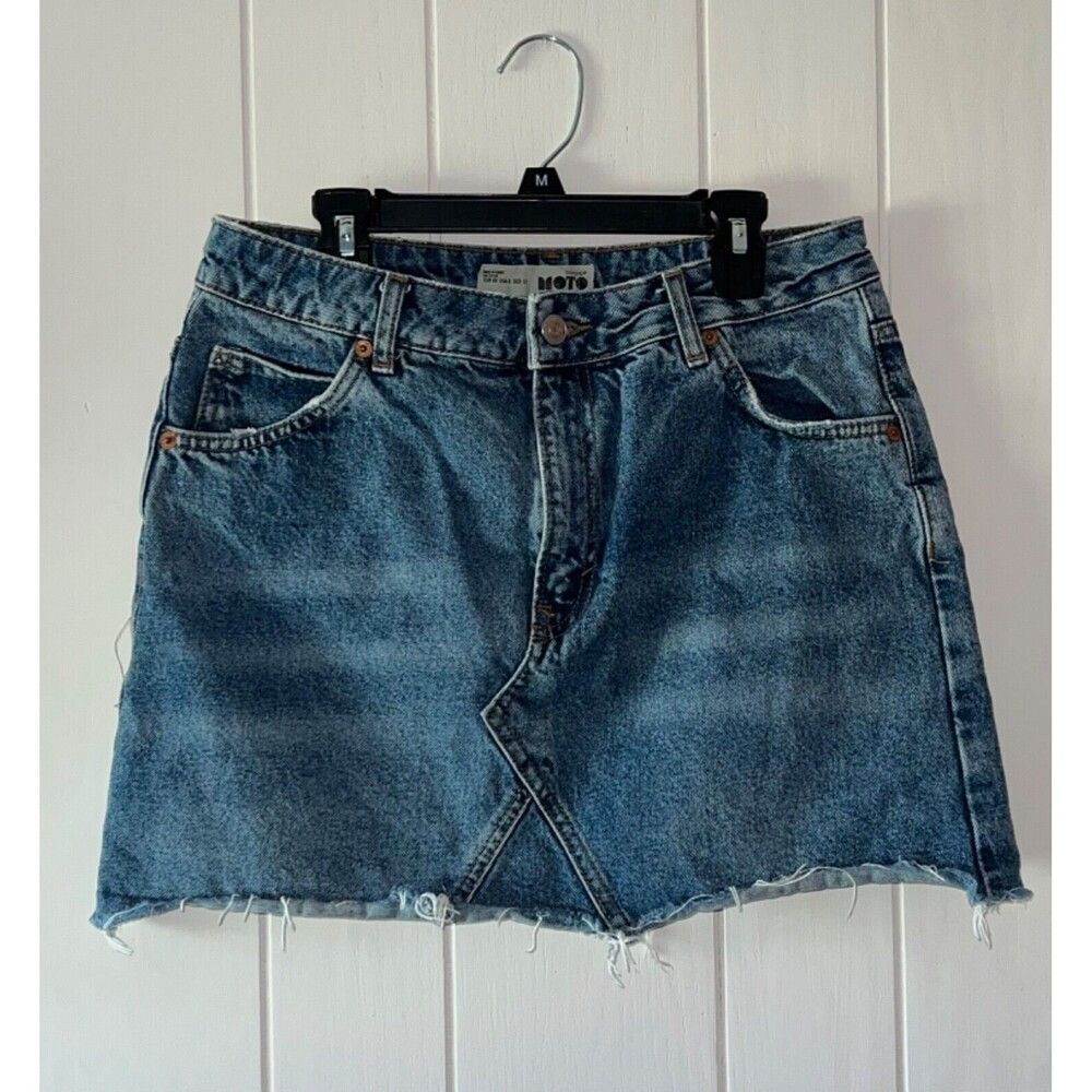 Topshop Denim Skirt Size 8 Blue Moto Mini Raw Hem Excellent Used Condition